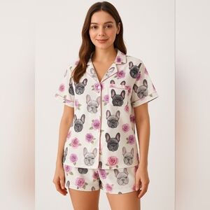 2/$40 Pink Floral Animal French Bulldog Print Sleep Pajama Set-(#1,534)
